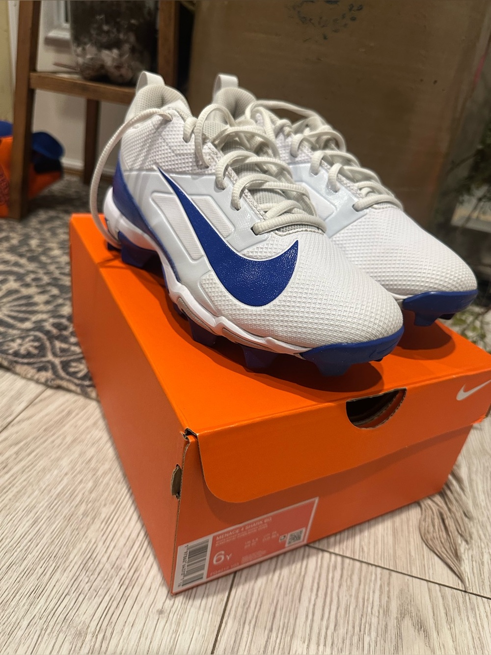 Nike White and Blue football Cleats 6y